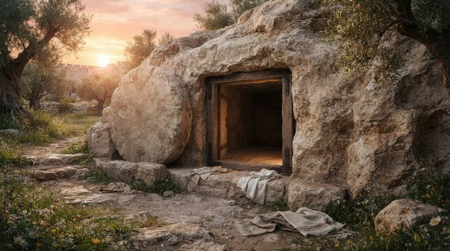 Empty tomb with rolled away stone at sunrise