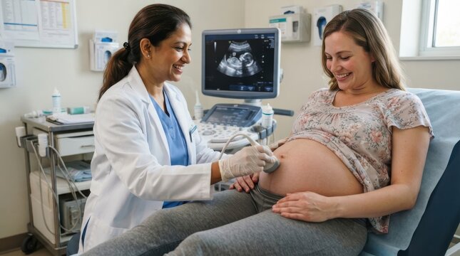 Pregnant woman receiving an ultrasound scan from a doctor in a clinic