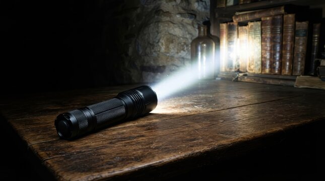Black flashlight shining a bright beam on a wooden table with books