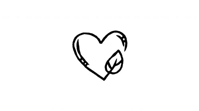 Animated doodle icon of a heart shape combined with a green leaf for nature love and organic health.
