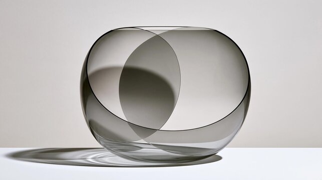 3d rendering of a glass vase or bowl. the vase is spherical in shape and has a smooth, transparent surface. it is placed on a white surface with a light grey background.