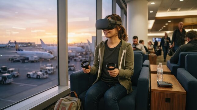 Woman wearing virtual reality headset holding controllers in airport terminal