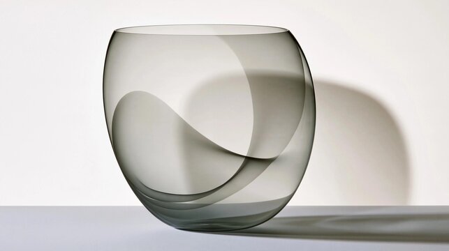 3d rendering of a glass vase. the vase is made of transparent glass and has a curved shape. it is sitting on a white surface and is casting a shadow on the right side of the image.