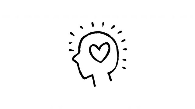 Animated doodle icon of a brain centered with a shining heart for mindfulness and emotional balance.