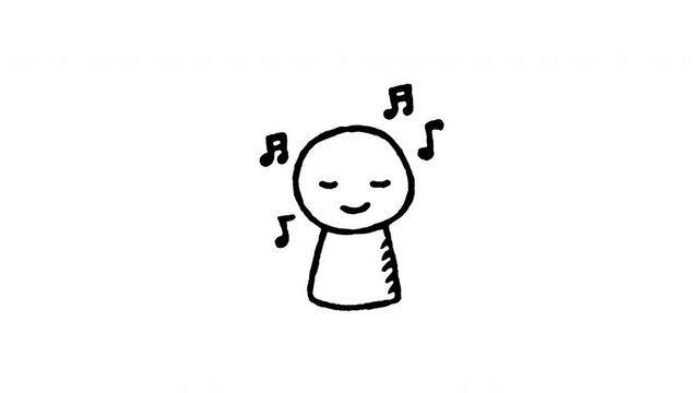 Animated doodle icon of a happy person listening to music with floating notes for sound music therapy.