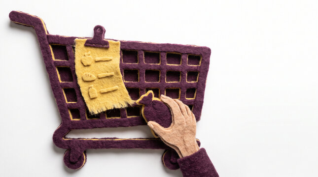Hand holding a grocery list next to a shopping cart made of felt  