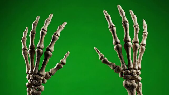 Detailed Anatomical Skeleton Hand Models Captured Against A Bright Green Background For Educational Motion Graphics and Medical Visual Projects