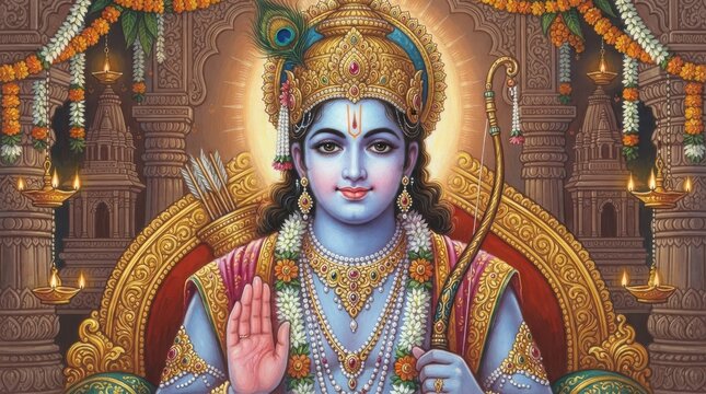 Lord Rama holding a bow and arrow in an ornate temple setting