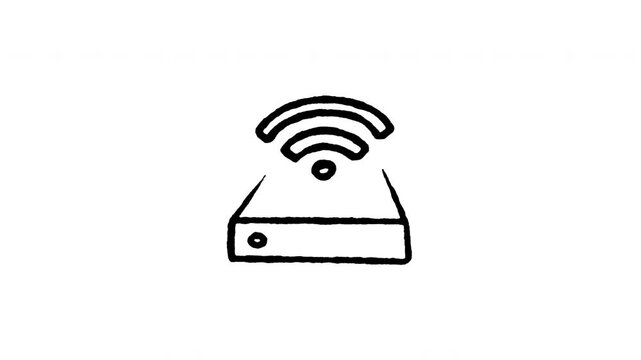 Animated doodle icon of a smart media streaming box device emitting Wi-Fi signals.