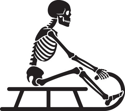 Skeleton sitting on a sled in winter with winter sports winter fun black and white skeleton character sled sport winter activity snow fun snow gear cold season winter lifestyle