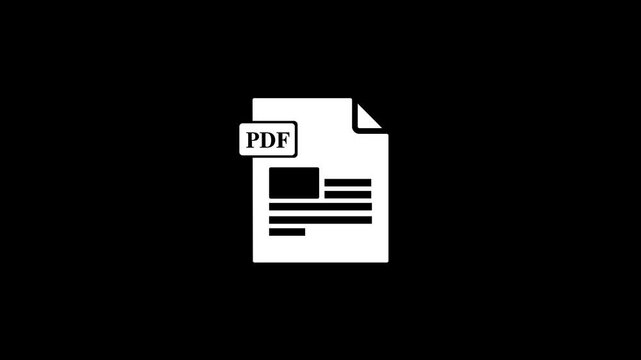 White line art PDF document file icon animation on black background. PDF file format, document download, digital file management, paperless office, futuristic UI motion graphic.
