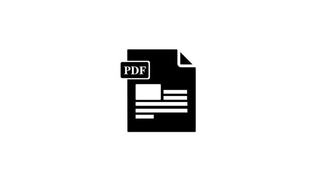 Black line art PDF document file icon animation on white background. PDF file format, document download, digital file management, paperless office, futuristic UI motion graphic.