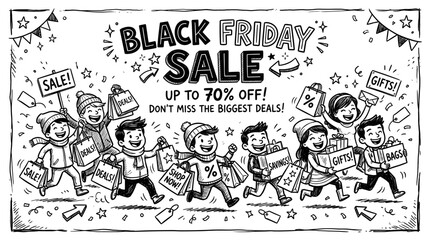 Fototapeta premium Black Friday Sale Hand Drawn Illustration with Happy Shoppers