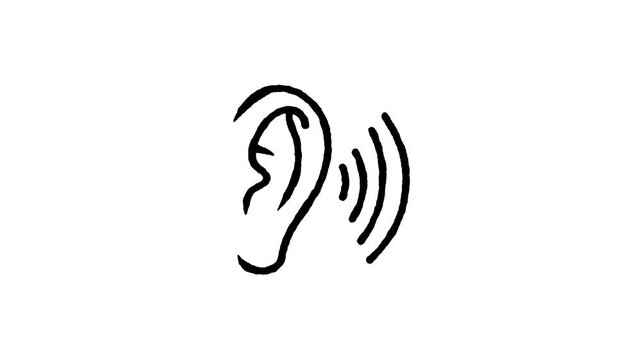 Animated doodle icon of a human ear with incoming sound waves for listening and audio hearing.