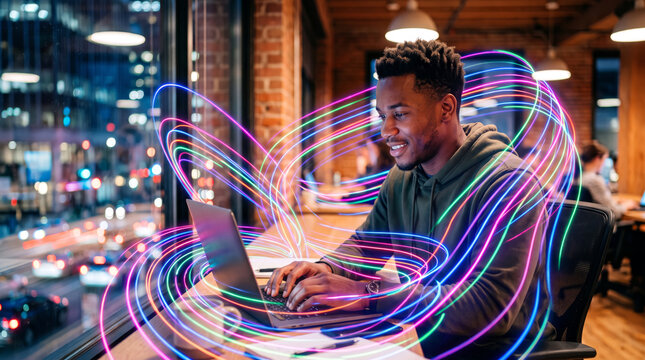 Young, smiling, good looking, black, African-American man focused, works on laptop computer with colorful neon light trails at night. Male freelancer uses digital tech in modern urban office. Creative