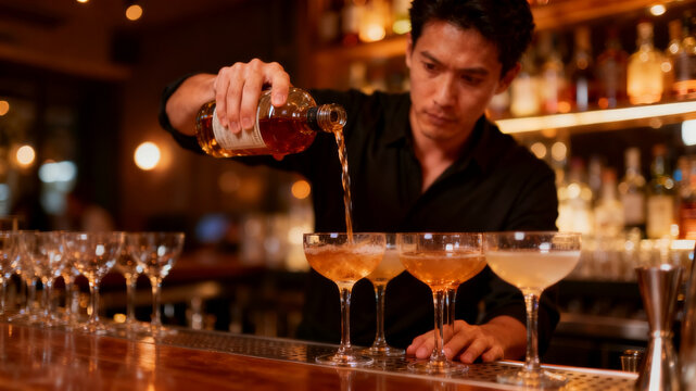 Asian Bartender Pouring Liquor into Row of Coupe Glasses on Wooden Bar.