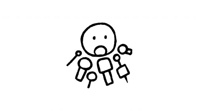 Animated doodle icon of multiple press conference microphones set up for news media interview.