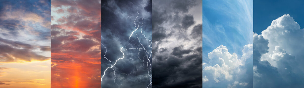 Weather forecast concept featuring a collage of contrasting atmospheric conditions, including sunset clouds, cloudy skies, dark storm clouds, lightning, towering cumulus clouds, and clear blue sky. 