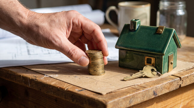 Hand placing coins next to a small house model with keys on a table  