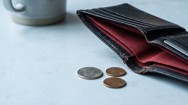 Empty wallet showing a few coins on a marble surface with a mug  