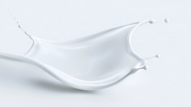Curved white milk splash with flying droplets on bright background. Dynamic fluid motion of creamy liquid for dairy and cosmetic advertising.