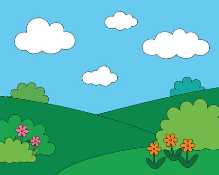 Cartoon landscape illustration with green rolling hills and clouds in a bright blue sky
