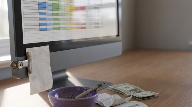 Budget spreadsheet displayed on computer with cash and notepad  