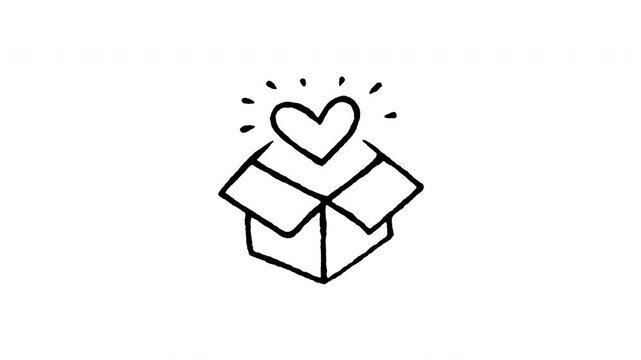 Animated doodle icon of a cardboard gift box with floating heart for charity donation and sharing.