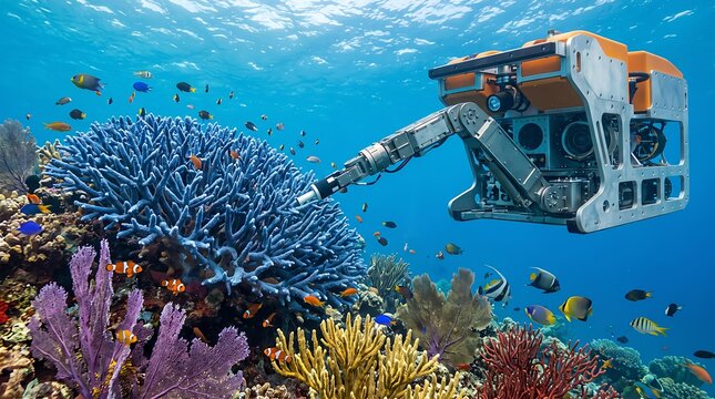 Marine robot exploring coral reef underwater