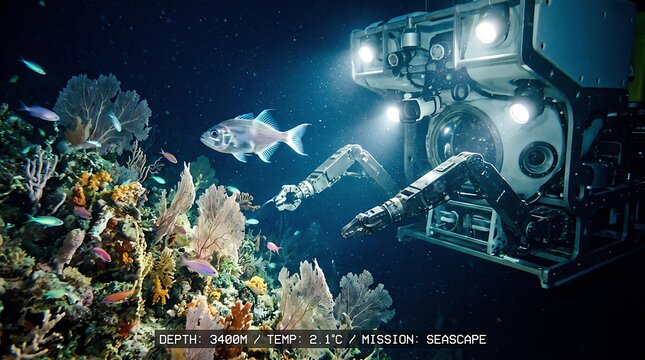 Underwater robot exploring deep sea coral reef with fish