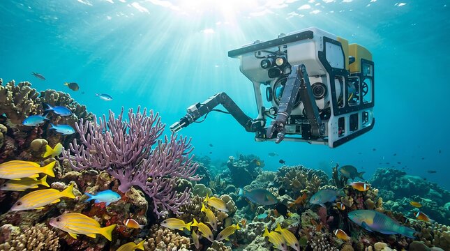 ROV robot exploring a vibrant tropical coral reef underwater