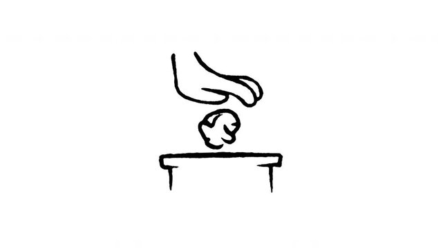 Animated doodle icon of a hand dropping trash paper into a garbage bin for clean habits.