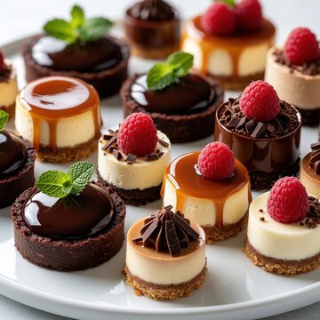 Assorted mini desserts on white platter. Variety of small cakes, chocolate tarts, caramel cheesecakes, raspberry pastries. Sweet gourmet treats with cream, mint, fruit topping. Elegant catering food