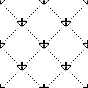 Fleur de Lis Pattern, Vector Illustration. Fleur de Lis Seamless Pattern with Dotted Diamond Grid. Fleur de Lis Pattern for Wallpaper, Textile, Fabrics, Wrapping Paper, Vintage Surface Print