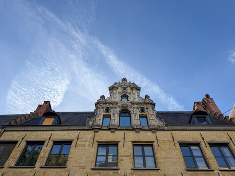 Antwerpen, Belgium, September 21, 2026 - Ornate historic Flemish gable facade against blue sky in Antwerpen, Belgi&euml;