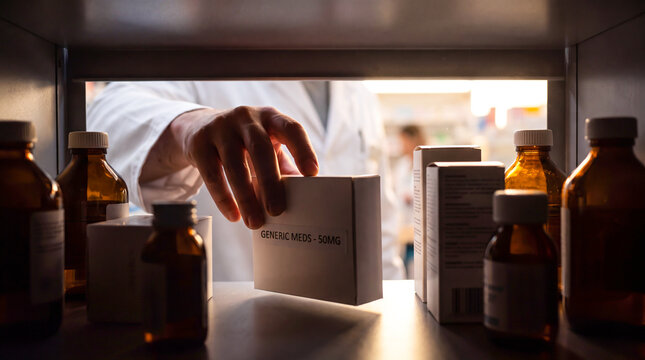 Pharmacist reaching for a medicine box on a pharmacy shelf