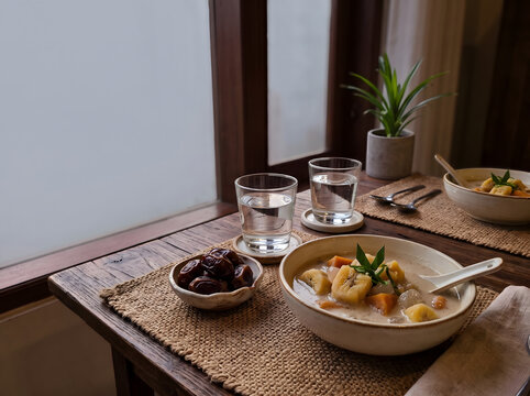 Kolak pisang dessert served in a ceramic bowl alongside dates and water on a rustic wooden table by the window.