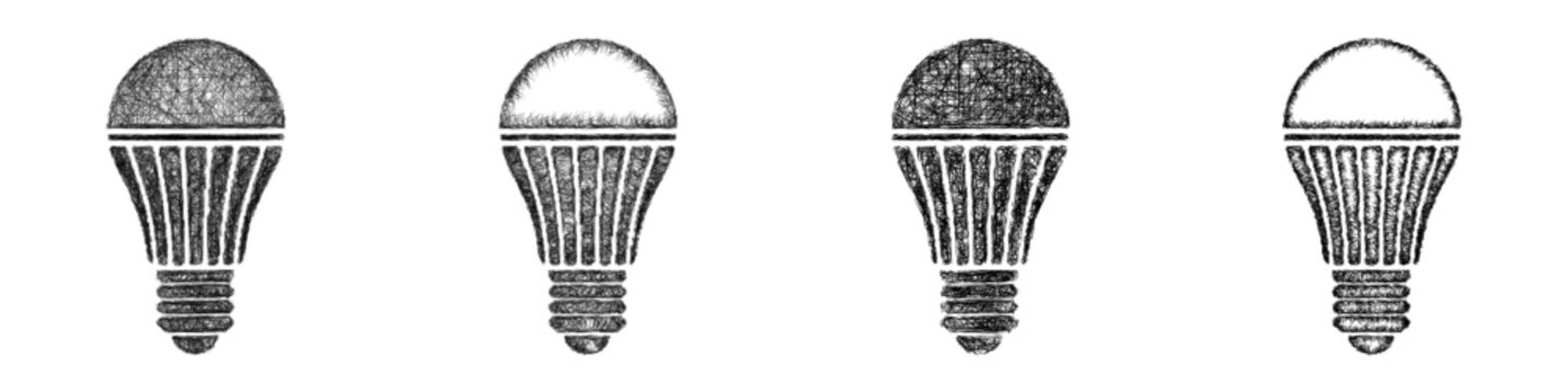 Sketch monochrome led bulb icon design set