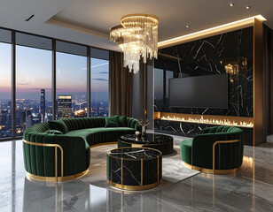 Fototapeta premium A luxurious penthouse living room at night featuring velvet emerald furniture, marble walls, and a glowing fireplace. This elegant space with nobody creates an atmosphere of wealth and calm.
