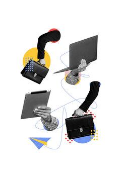 Trend artwork sketch image photo collage of business worker remote office team student bodyless hand hold tablet laptop computer suitcase