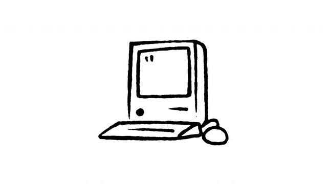 Animated doodle icon of an old classic CRT desktop computer with monitor and mouse.
