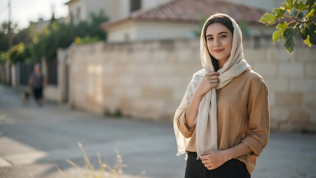 Retrato de una mujer joven sonriendo y vistiendo un pa&ntilde;uelo en la cabeza en una calle residencial soleada