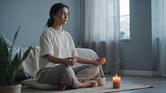 Retrato de una mujer joven meditando con los ojos cerrados en posici&oacute;n de loto en su habitaci&oacute;n con una vela encendida