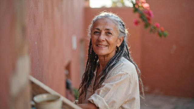 Retrato de una mujer madura sonriente con cabello gris largo y trenzado al aire libre junto a una pared de tonos c&aacute;lidos
