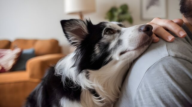 Perro cari&ntilde;oso apoyando la cabeza en el hombro de su due&ntilde;o en el sal&oacute;n de casa