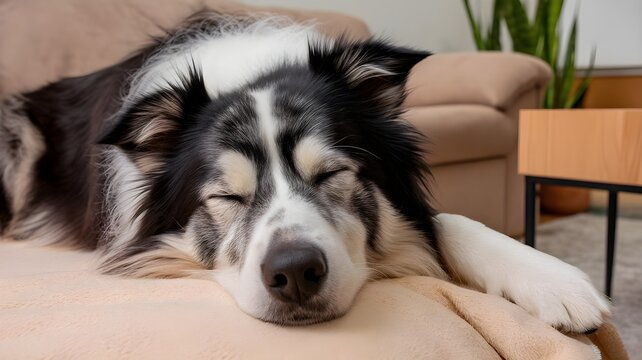 Perro border collie durmiendo pl&aacute;cidamente y relajado en el sof&aacute; de la sala de estar de casa