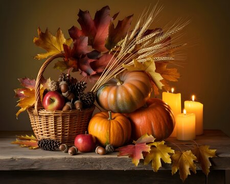 Naturaleza muerta oto&ntilde;al tradicional con cesta de mimbre, calabazas, manzanas, velas encendidas y hojas secas sobre una mesa de madera
