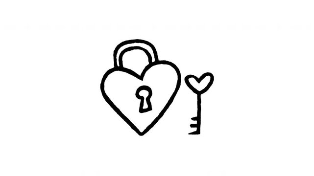 Animated doodle icon of a heart-shaped padlock with a matching key for eternal love.
