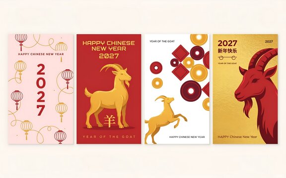 Set of four Chinese New Year 2027 Year of the Goat greeting card templates with golden goats and festive decorations