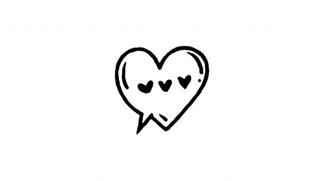 Animated doodle icon of a speech bubble with three hearts and magical sparkles.